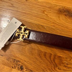Tory Burch Deep Red Leather Belt with Gold Accent